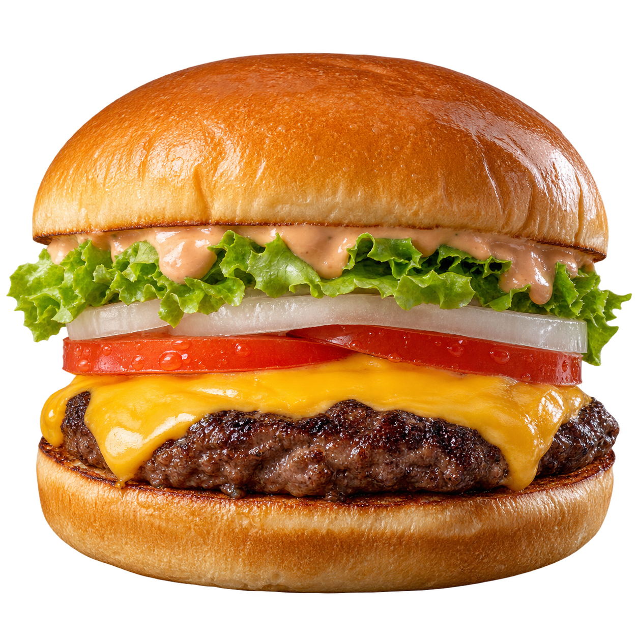 Single Patty cheeseburger with lettuce, tomato, onion, and sauce